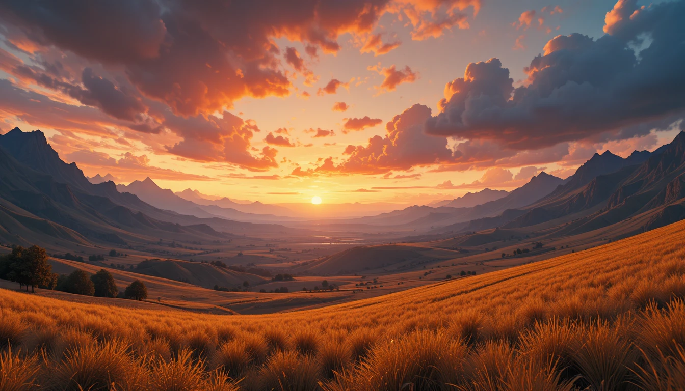 Twilight valley with golden grass under vivid fantasy sky