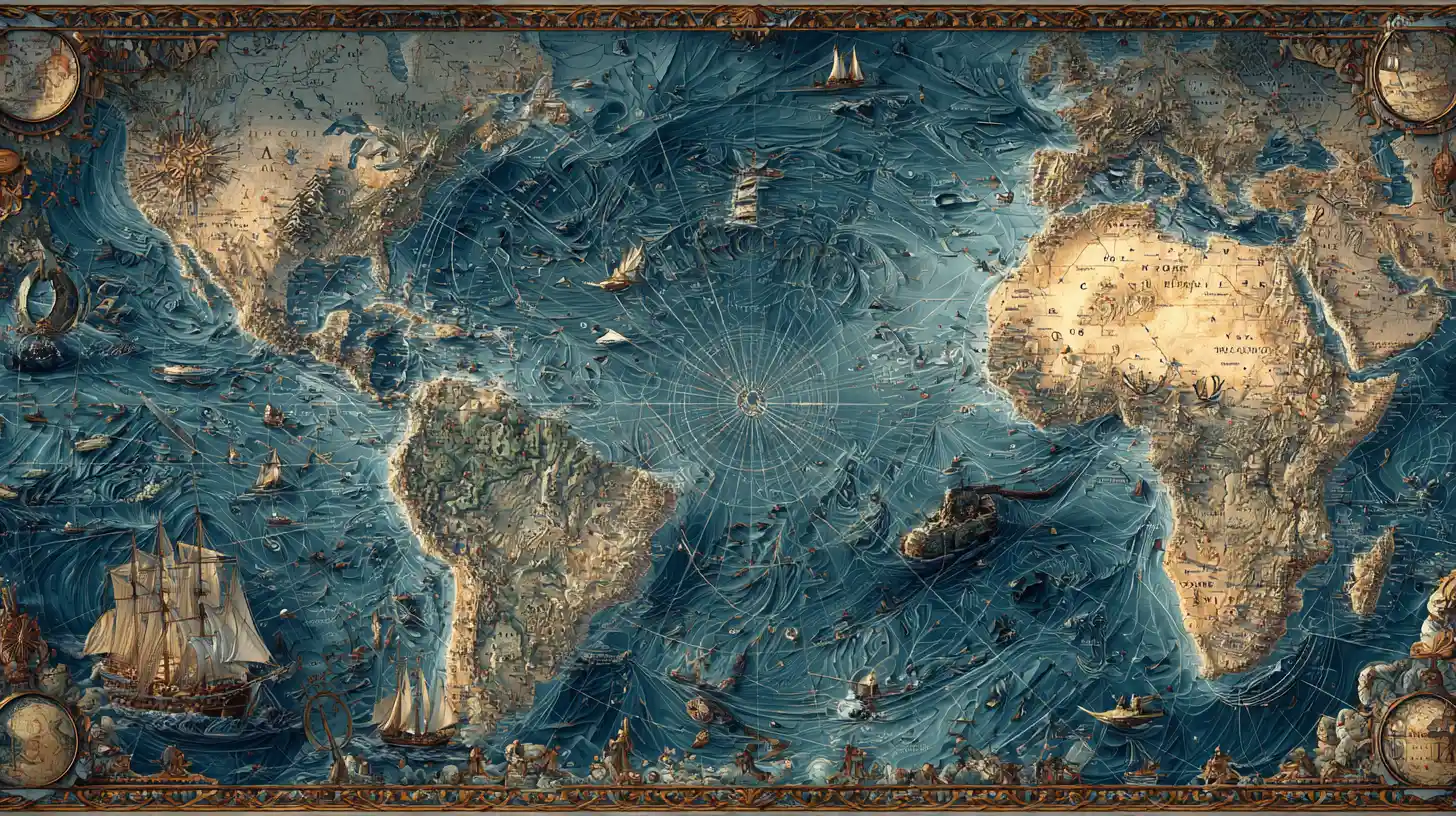Ancient 3D cartography map of the vast Pacific Ocean
