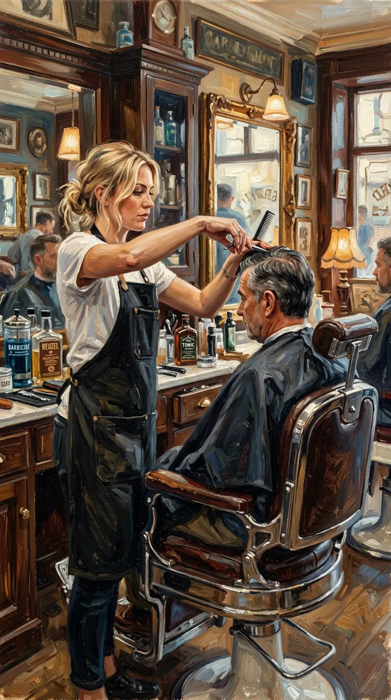 Blonde female barber styling a clients hair in vintage shop
