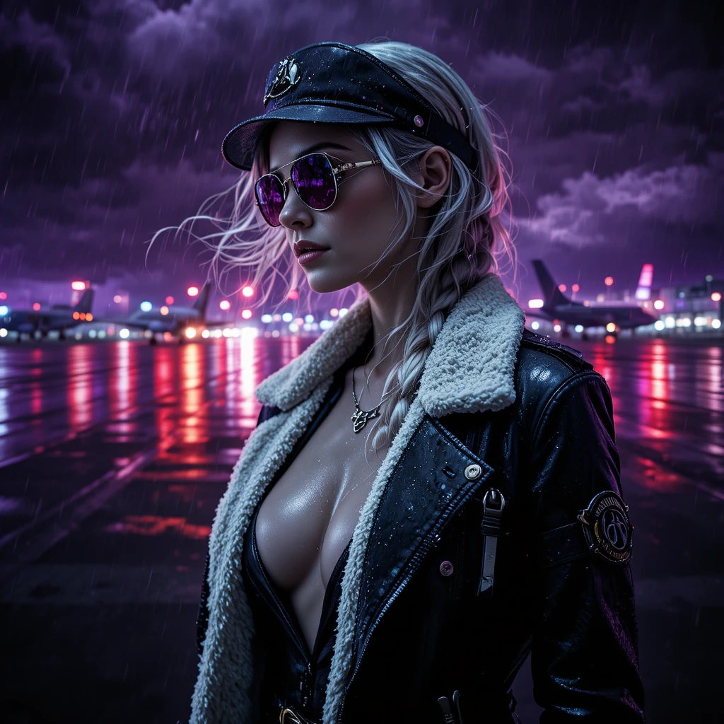 雨中跑道上女飛行員的黑色電影特寫