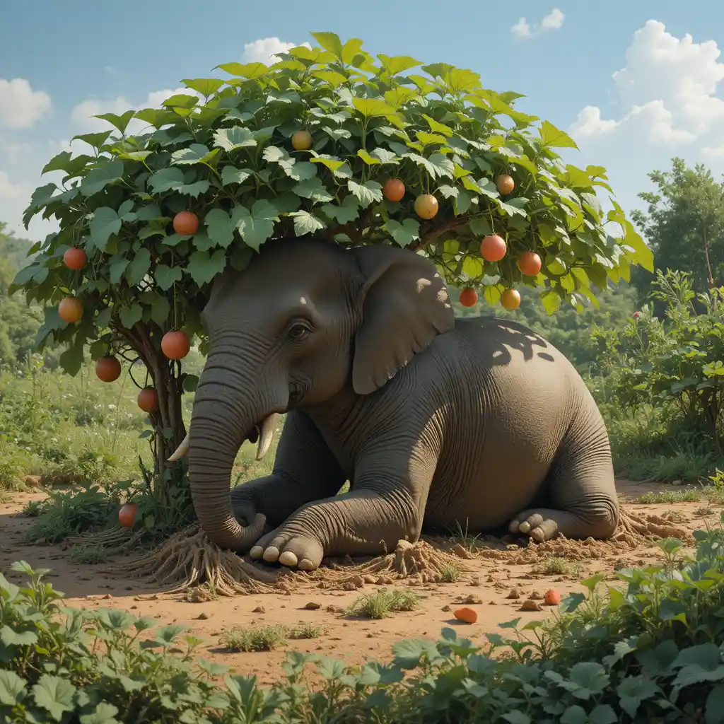 Elefante che riposa all’ombra di una rigogliosa vite di anguria