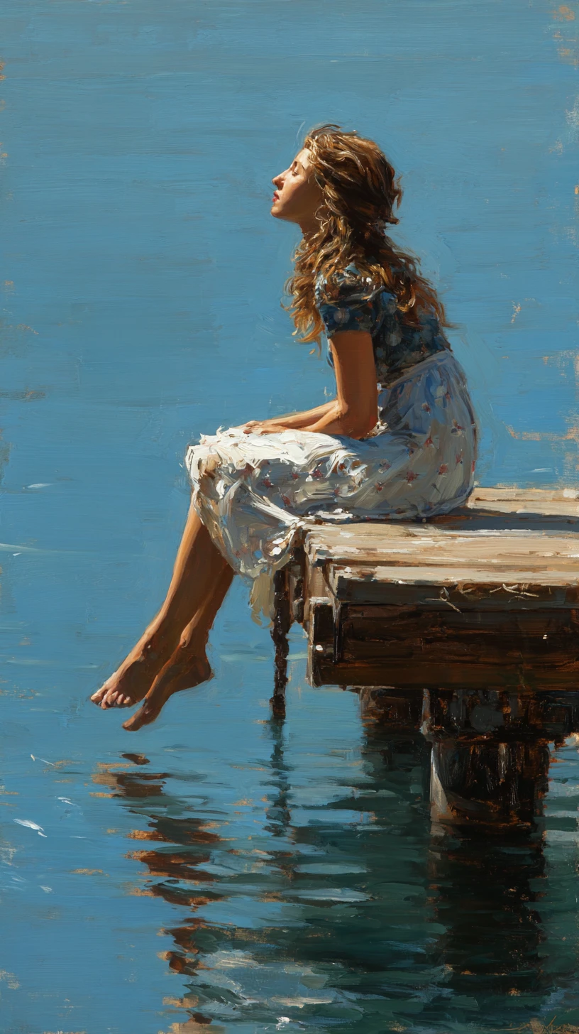 Teen girl sitting on a wooden pier by calm water