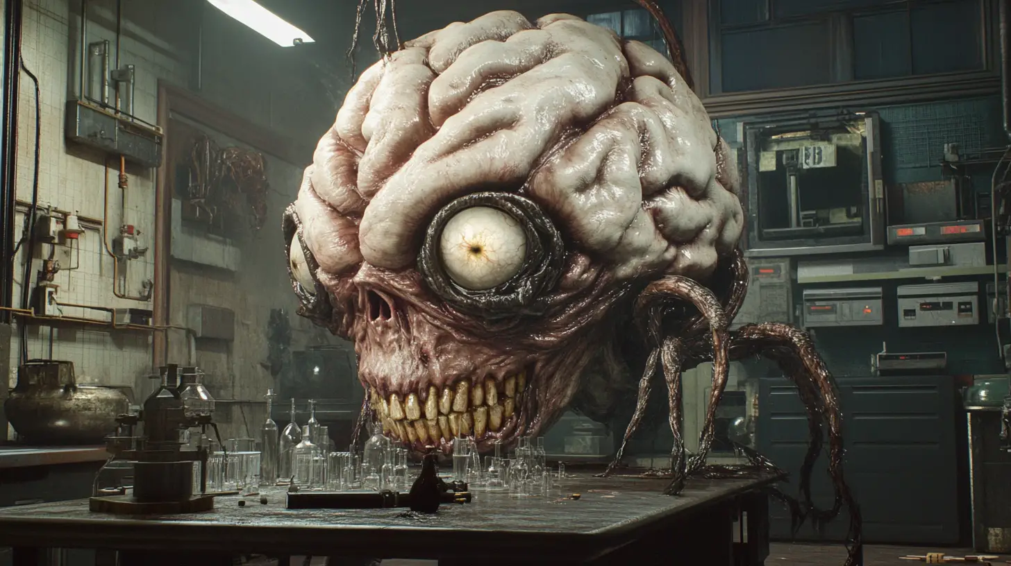 Monstruo grotesco de cerebro andante en un laboratorio siniestro