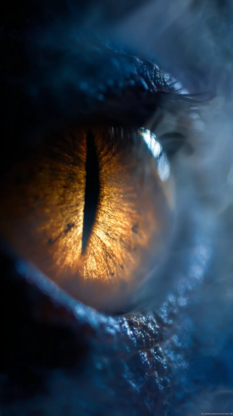 Macro view of a single amber dragon eye in darkness