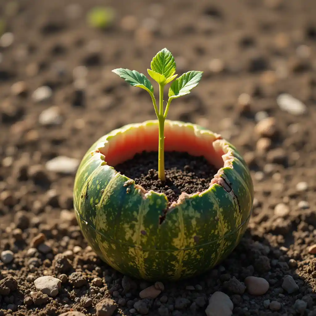 Weak green sprout growing from broken watermelon shell