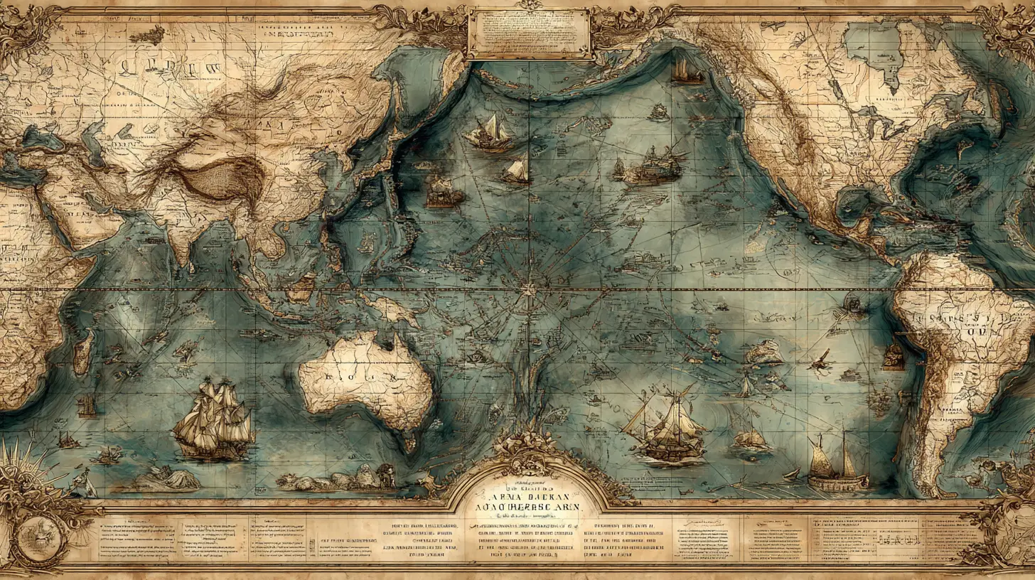 Ancient 3d nautical map of the pacific ocean