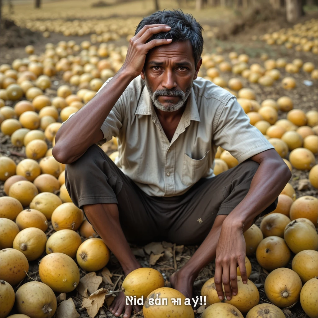 Sad farmer sitting on ground among fallen mangoes