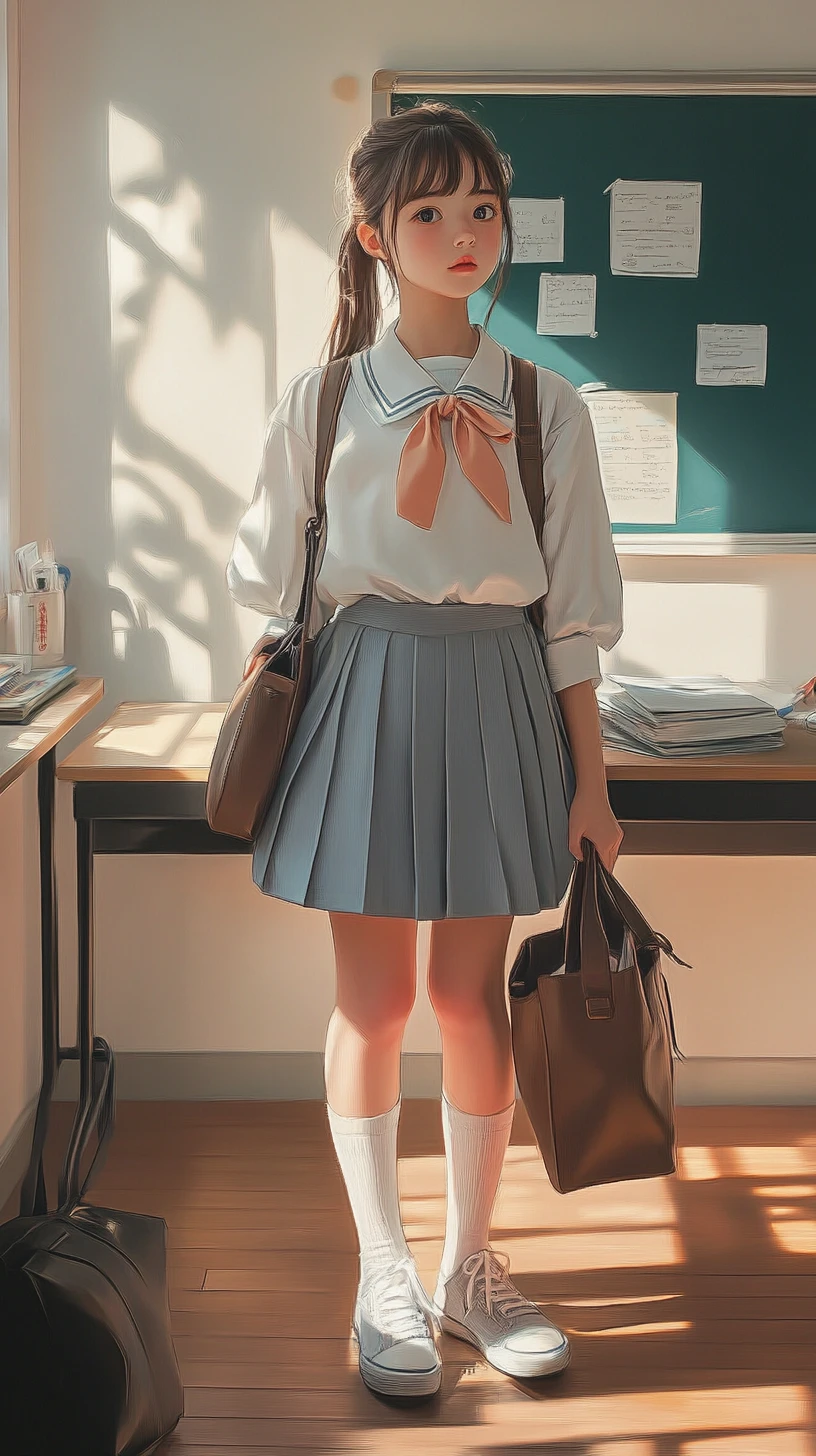 日差しの差し込む教室で静かに立つアニメ風の女子学生