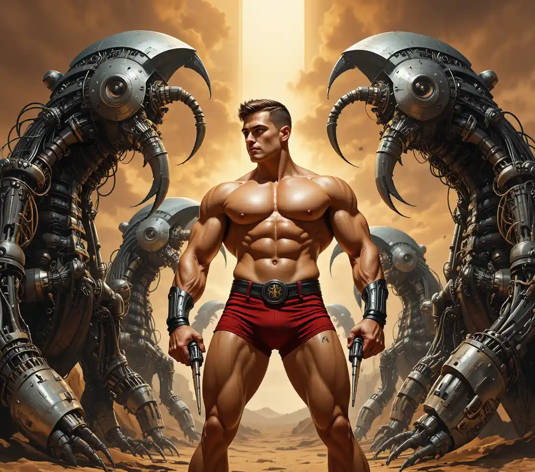 Muscular warrior man in dark futuristic desert landscape