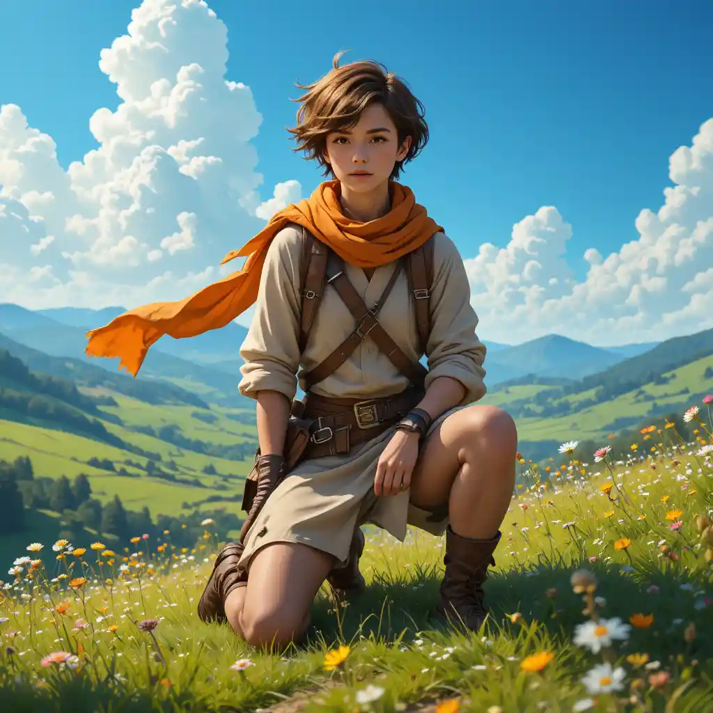 Young adventurer on a sunlit hill in fantasy landscape