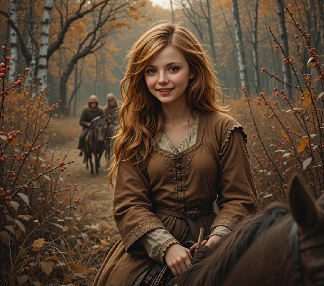 Young rider on a bay horse in a moody autumn forest