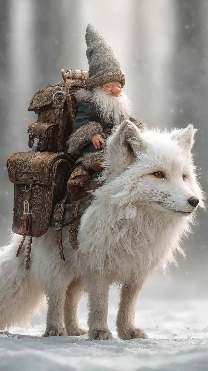 Tiny gnome riding a white fox through snowy forest