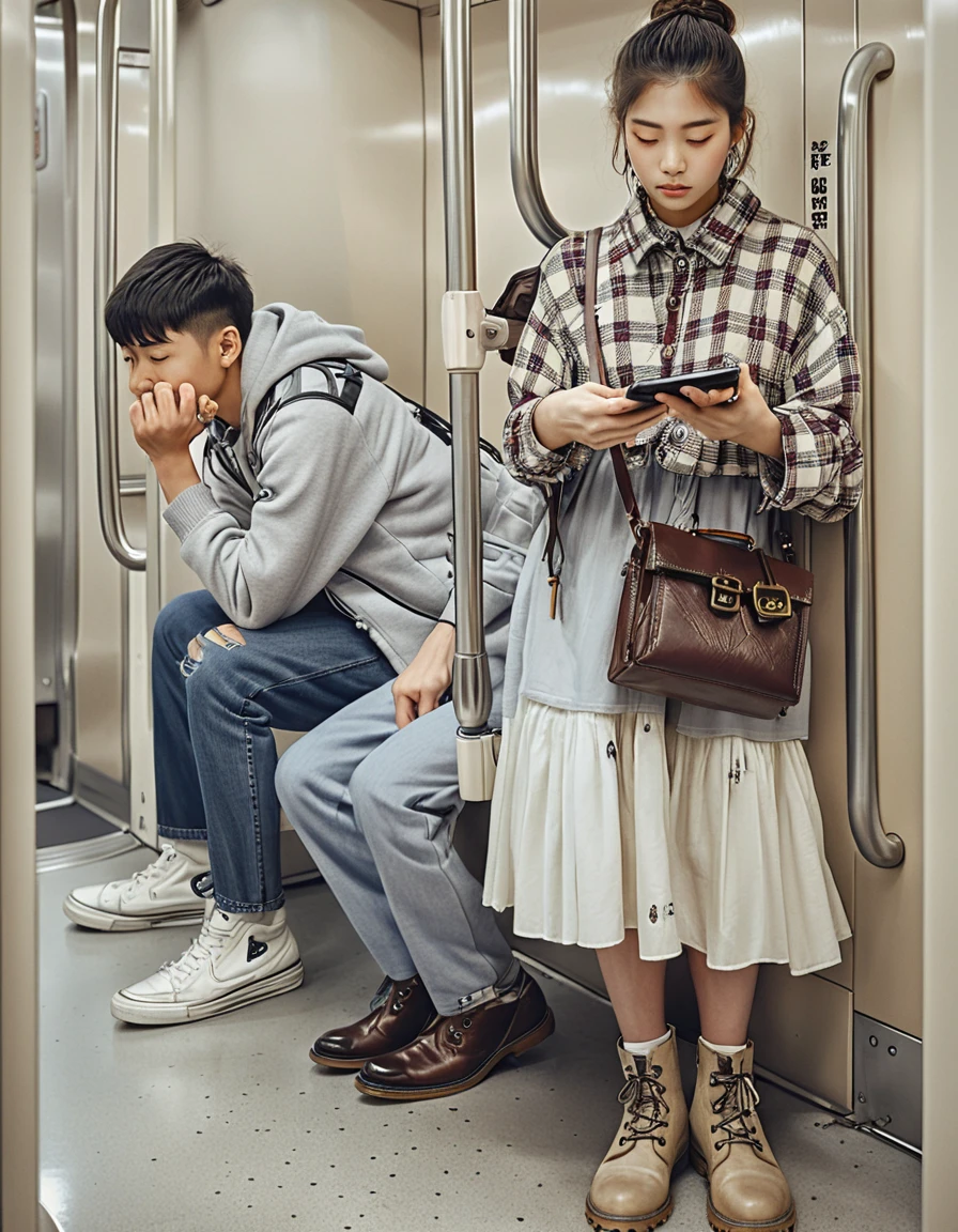 Three young friends in a quiet subway carriage