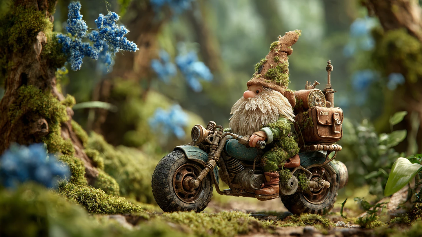 Gnomo Montando una Moto Steampunk en un Bosque Ancestral