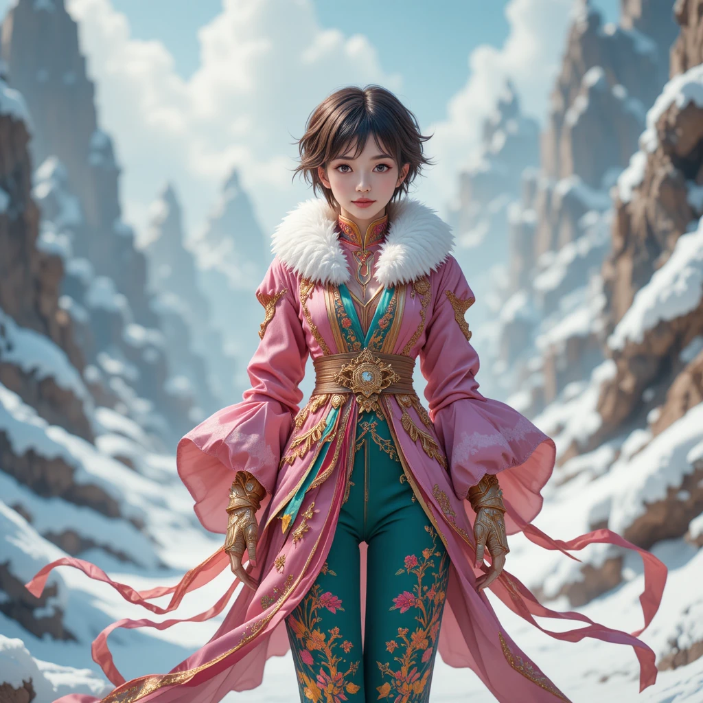 Ragazza fantasy con giacca rosa in un paesaggio innevato