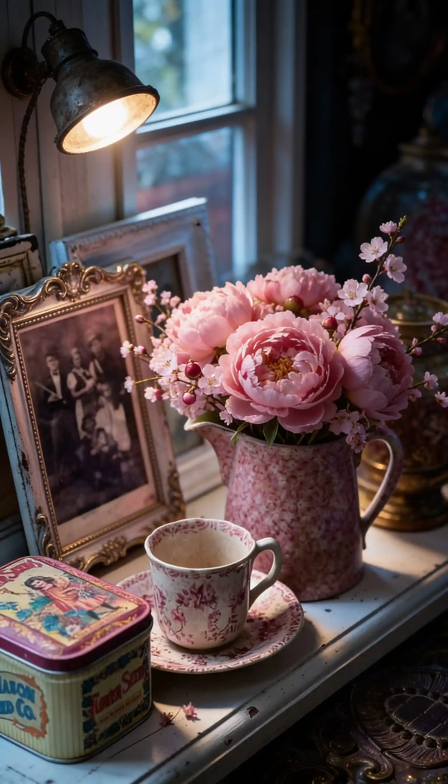 Vintage still life with pink peonies in a pitcher, a teacup, and old photos by a window.