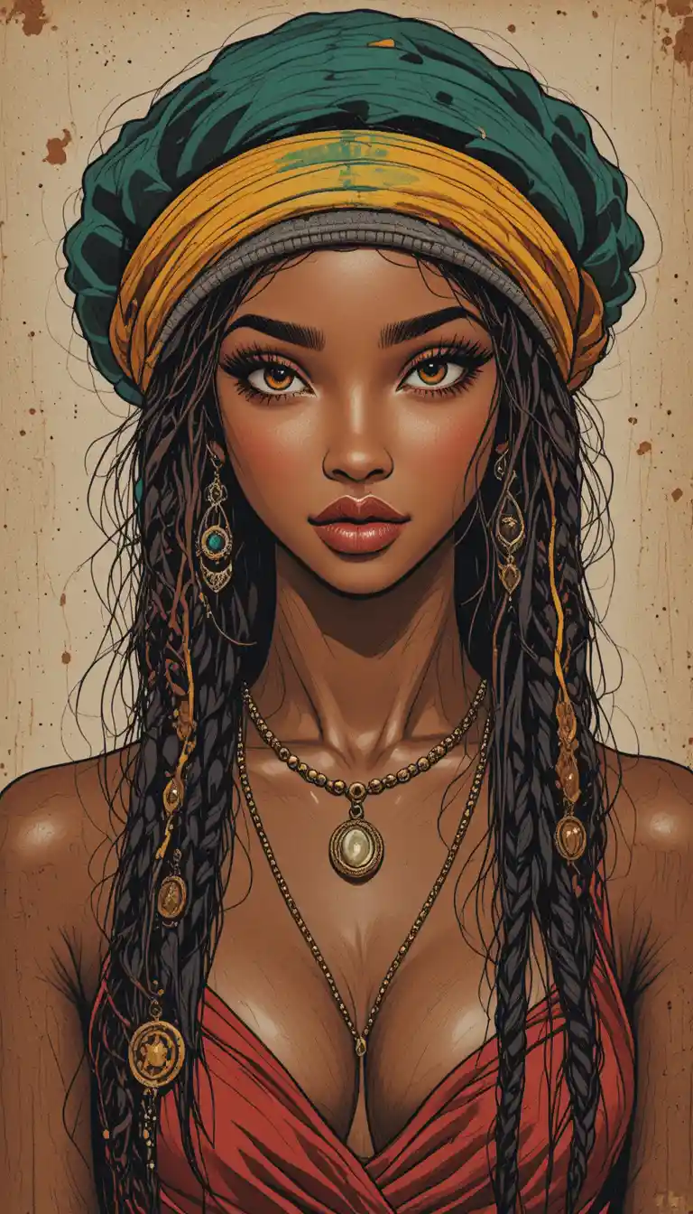 Serene portrait of a black woman in a rasta knit beanie