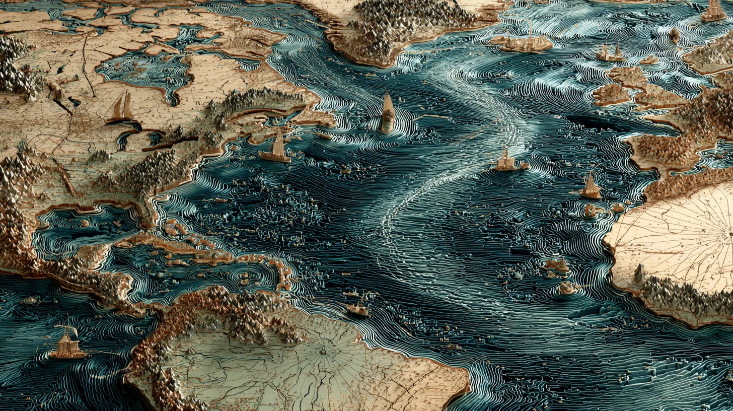 Ancient 3d map of the pacific ocean with sea monsters