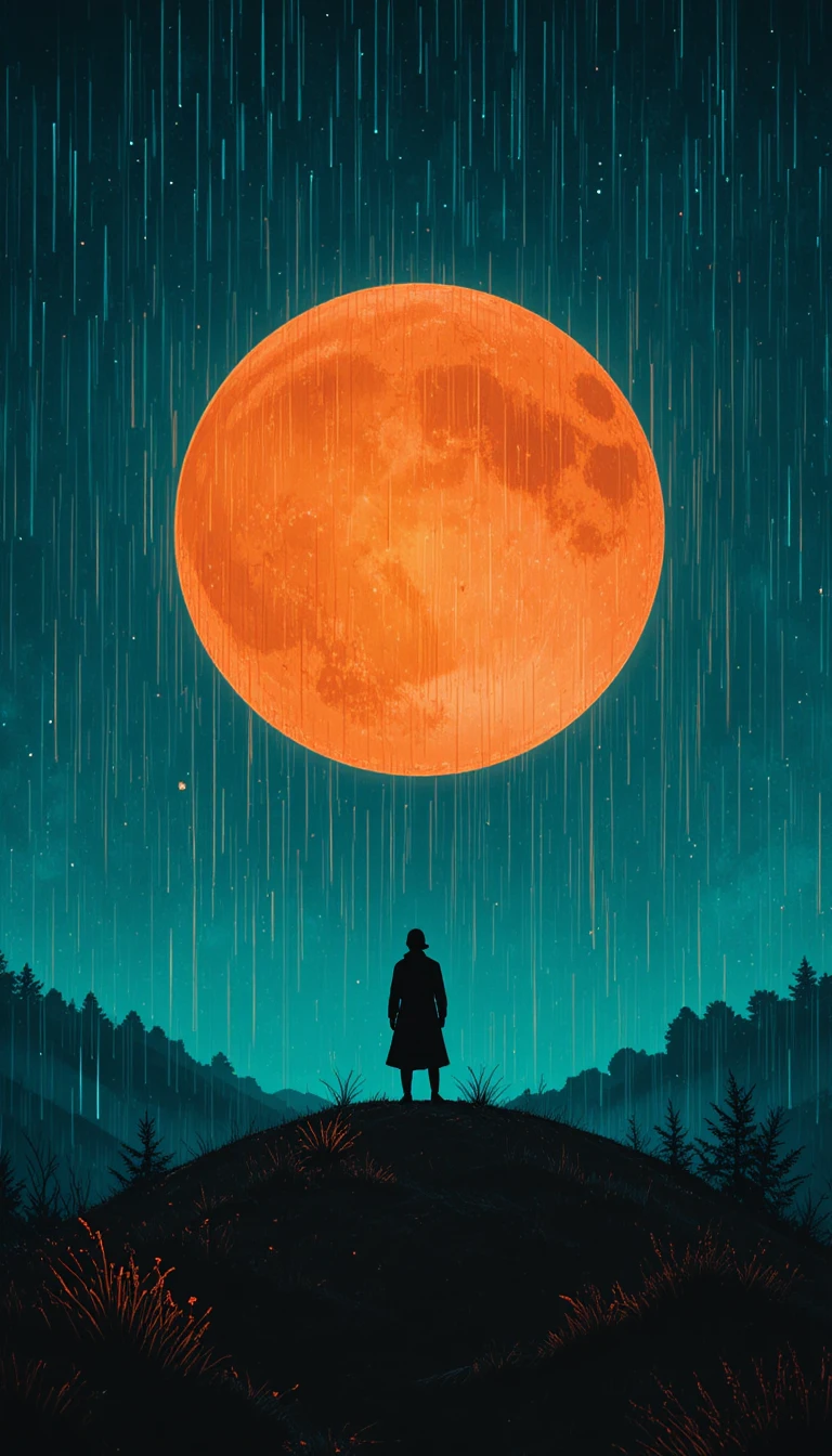 Lone figure on a rainy hill beneath a bright moon