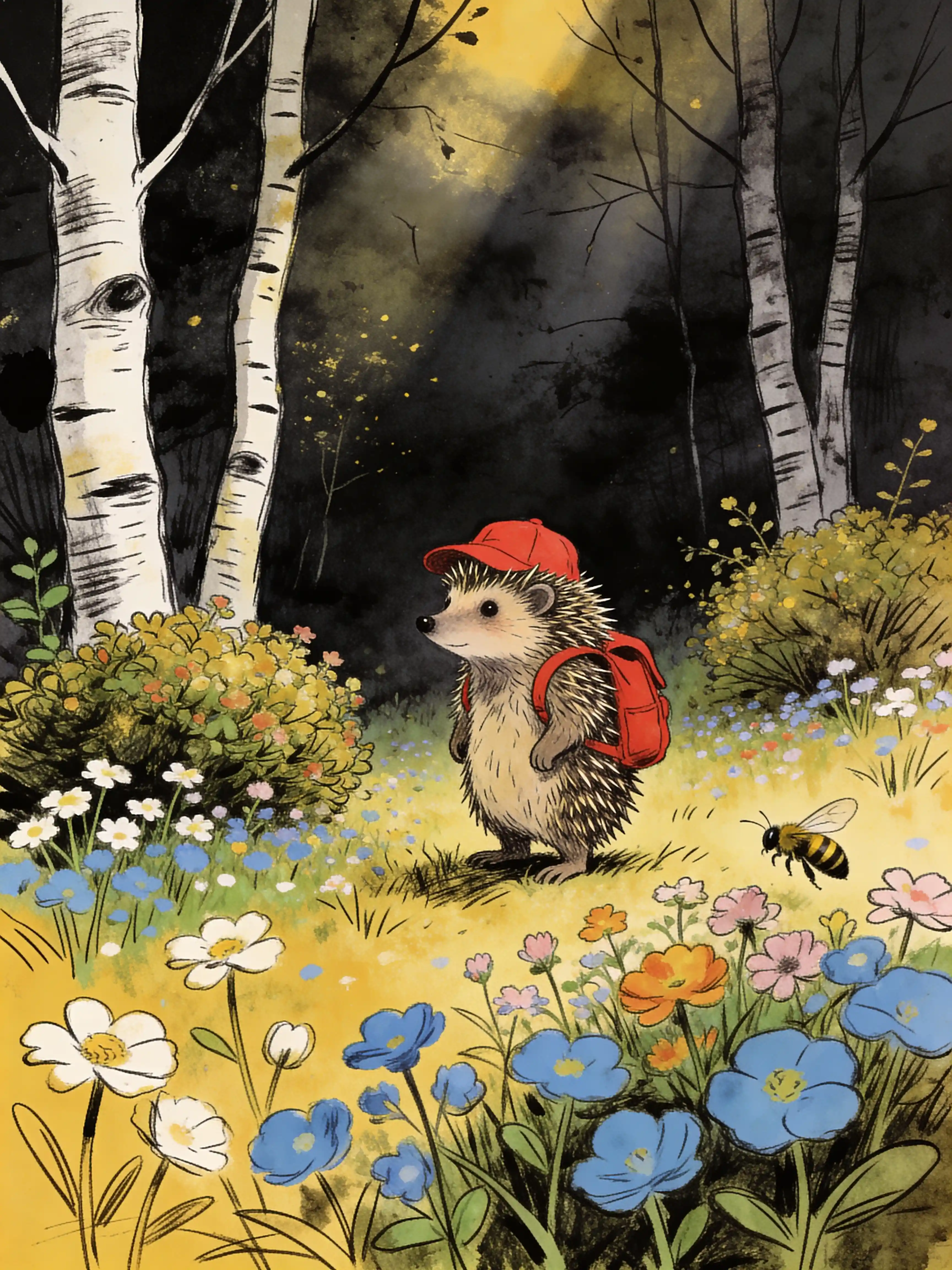 Lonely hedgehog with red cap in a mystical spring forest