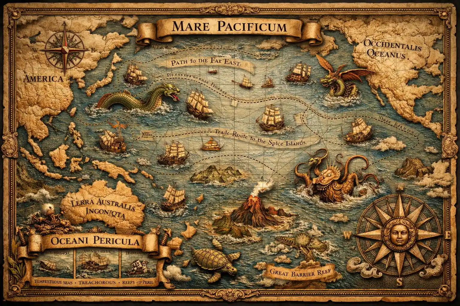 Ancient 3D map of the Pacific with sea monsters