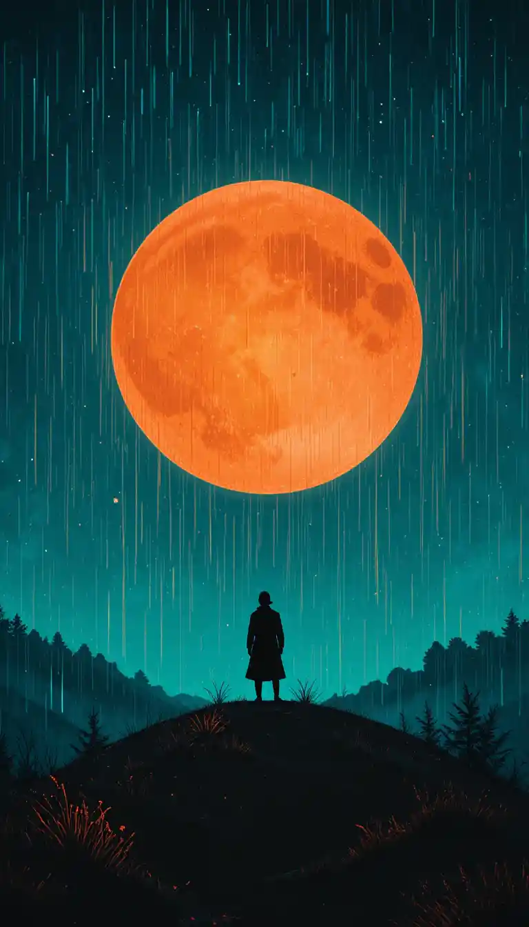 Einsame Gestalt auf einem regnerischen Hügel unter einem hellen Mond