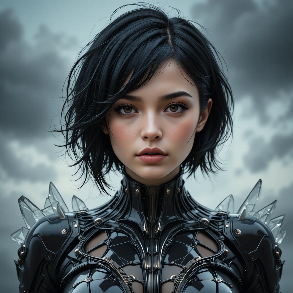 Young woman in futuristic black bodysuit under cloudy sky
