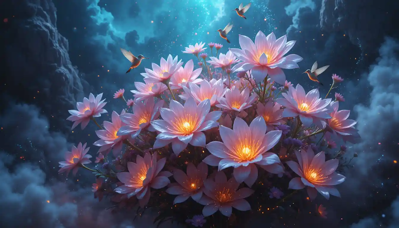 Ramo de flores de fantasía resplandeciente flotando en la oscuridad cósmica