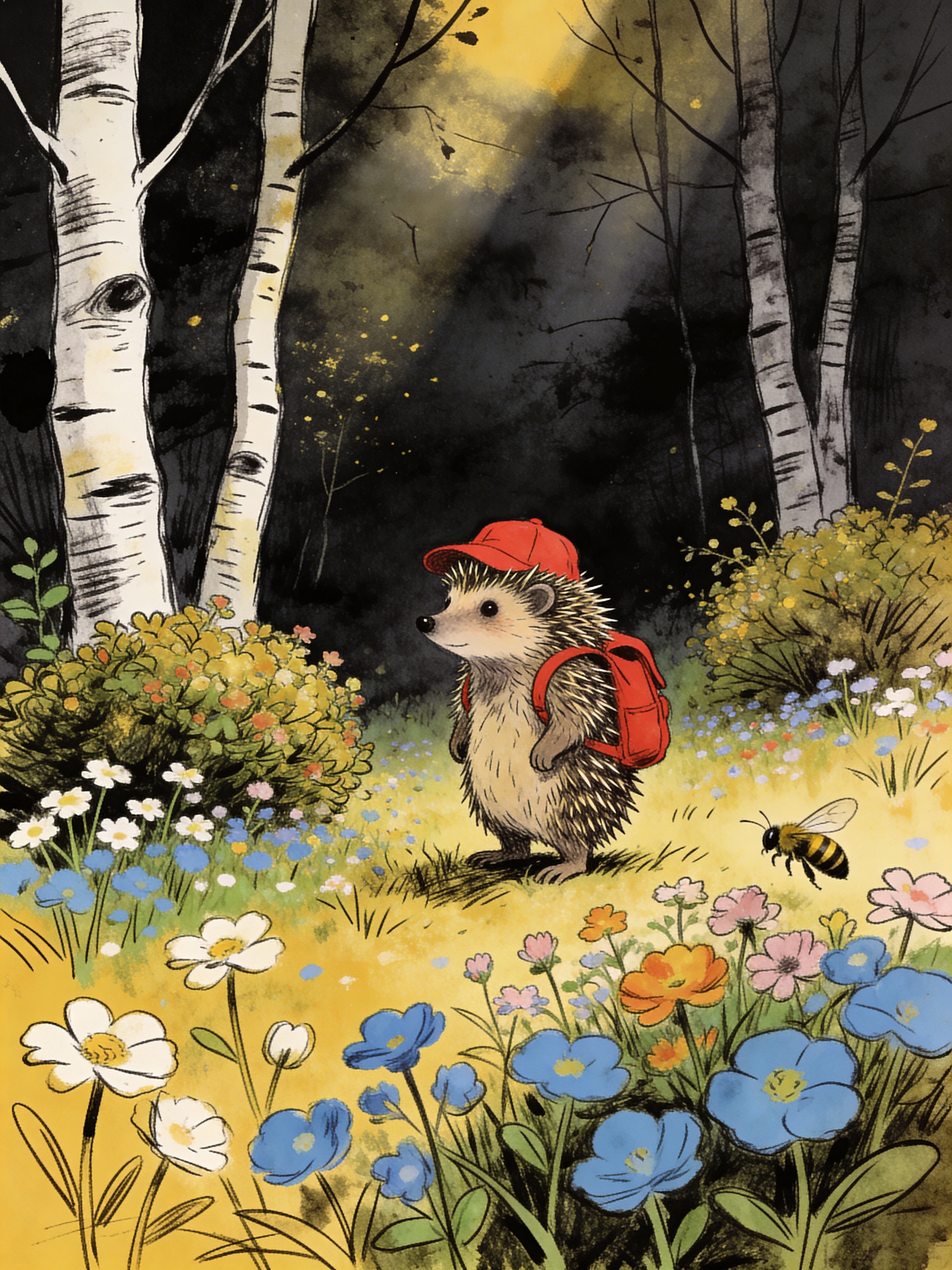 Lonely hedgehog with red cap in a mystical spring forest