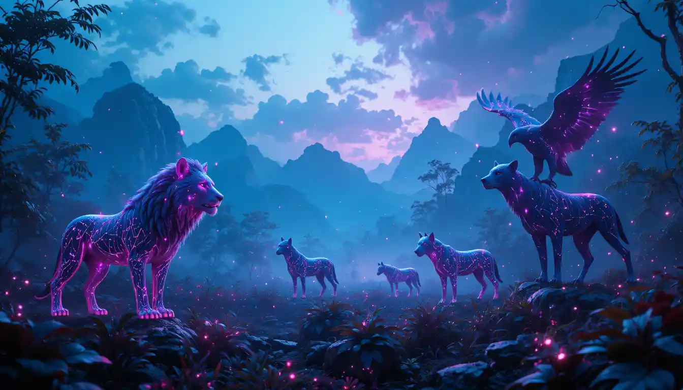 Futuristic neon jungle with cyber animals and text space