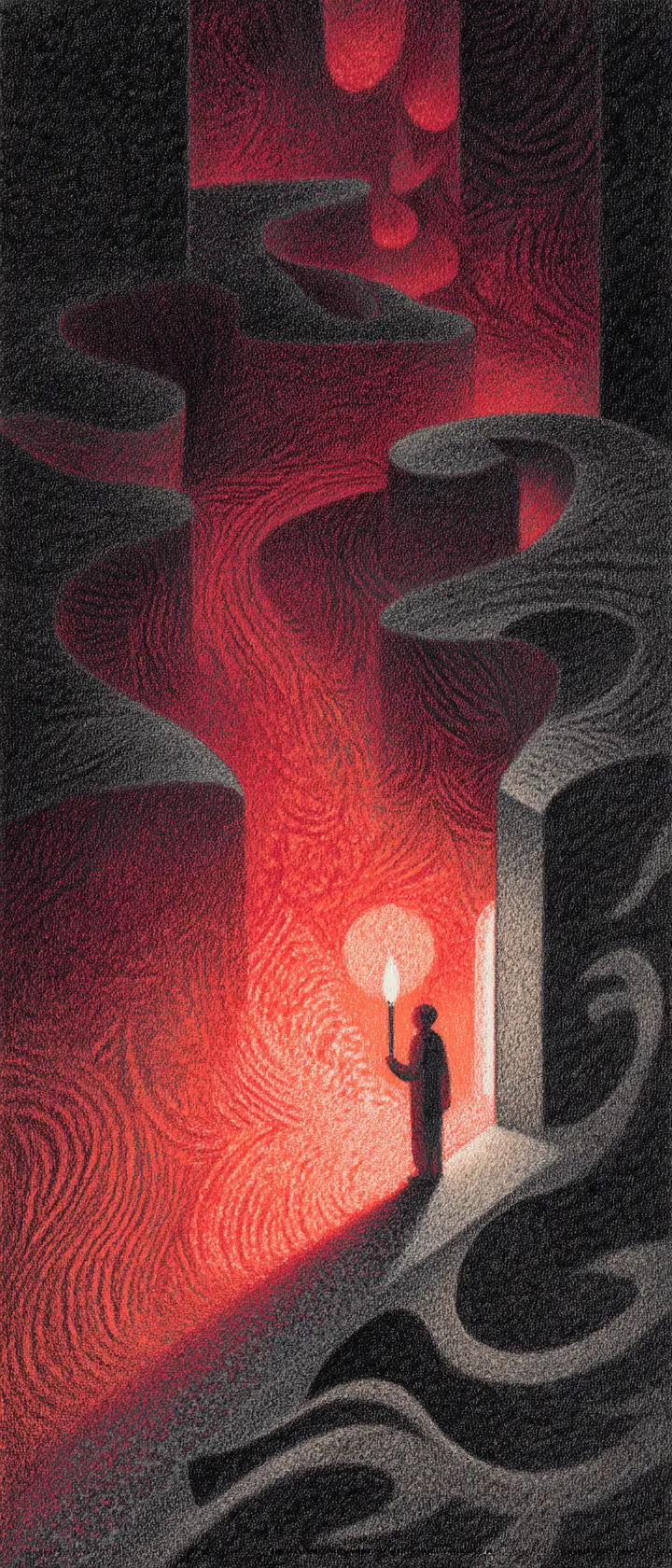 Candlelit maze guiding a tiny figure toward freedom