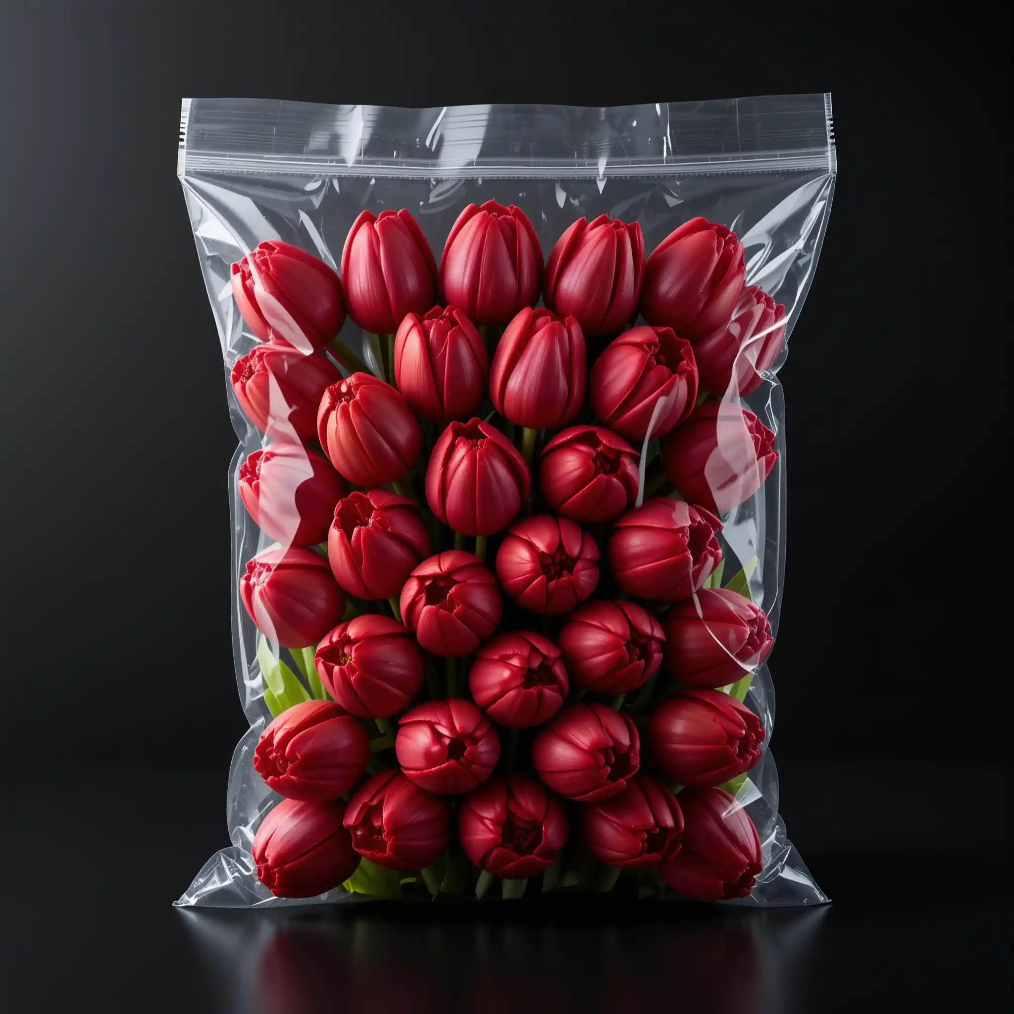 Red tulips vacuum sealed in plastic against black background