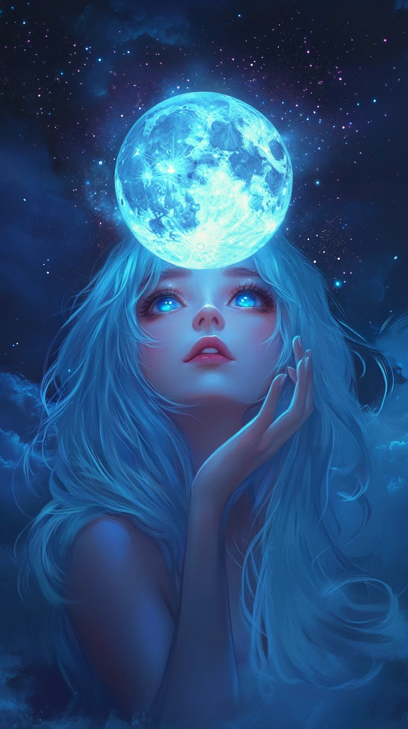 Anime girl holding a glowing moon in dreamy night sky