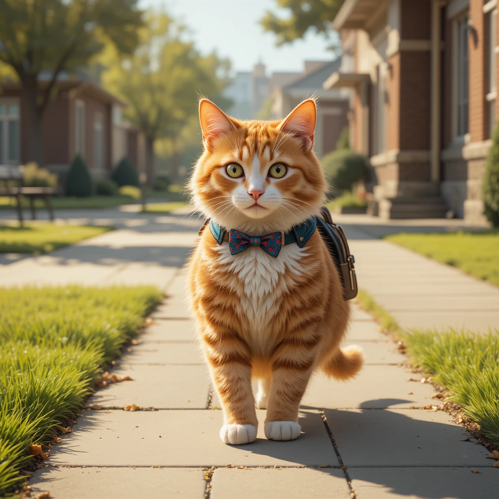 Orange Cat With Backpack Walking To A Sunny Suburban School