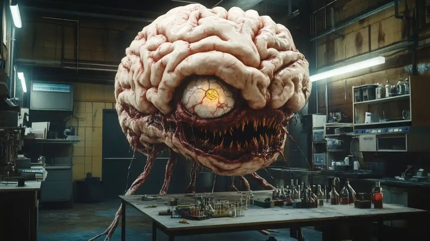 Monstruo Cerebral Grotesco Sonriendo en un Laboratorio Oscuro