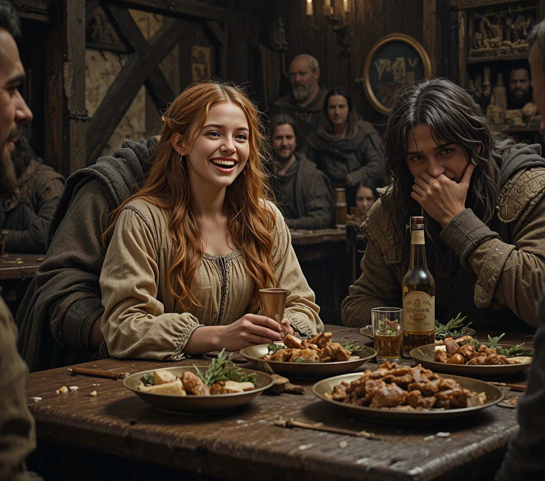 大笑的酒館少女被粗獷中世戰士擁入懷中
