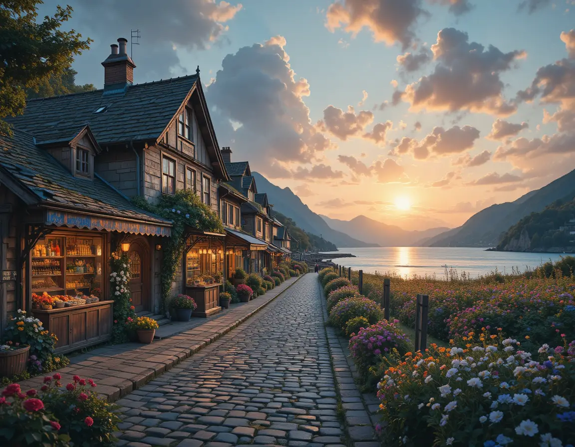 Quiet seaside cottage along cobblestone street at sunset