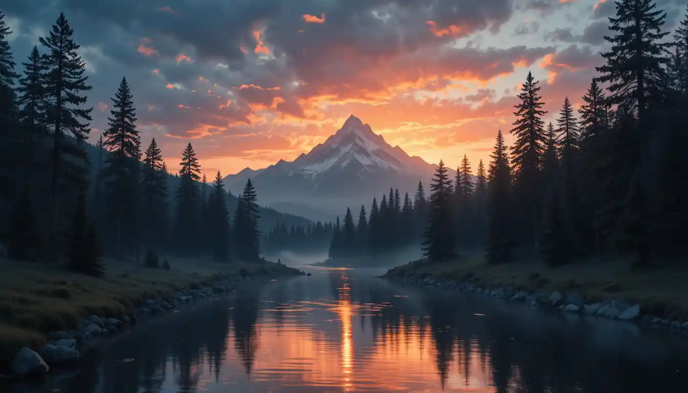 Atardecer de montaña sobre un tranquilo río en un claro del bosque