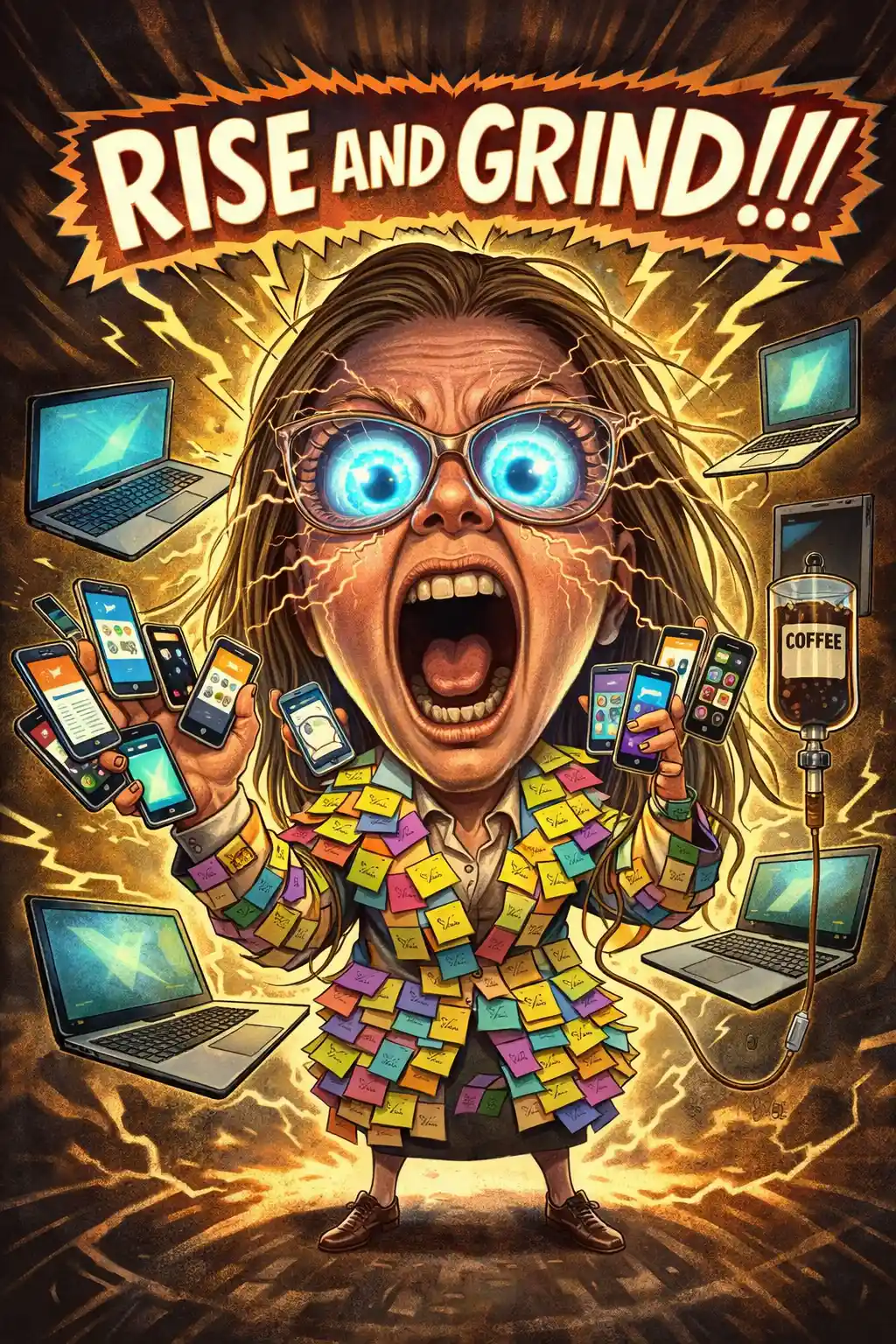 Satirical business guru overloaded with devices and caffeine