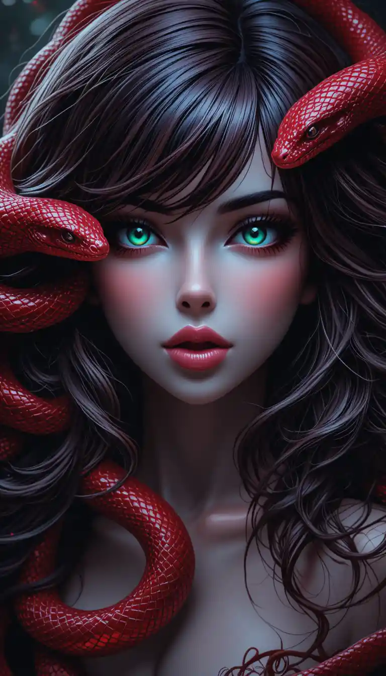 Mujer Medusa rodeada por tres serpientes rojas resplandecientes