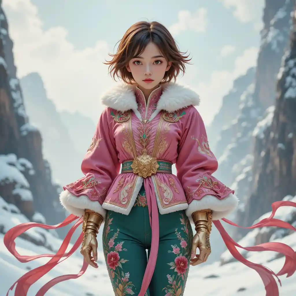雪景色の中のピンクのジャケットを着たファンタジー少女