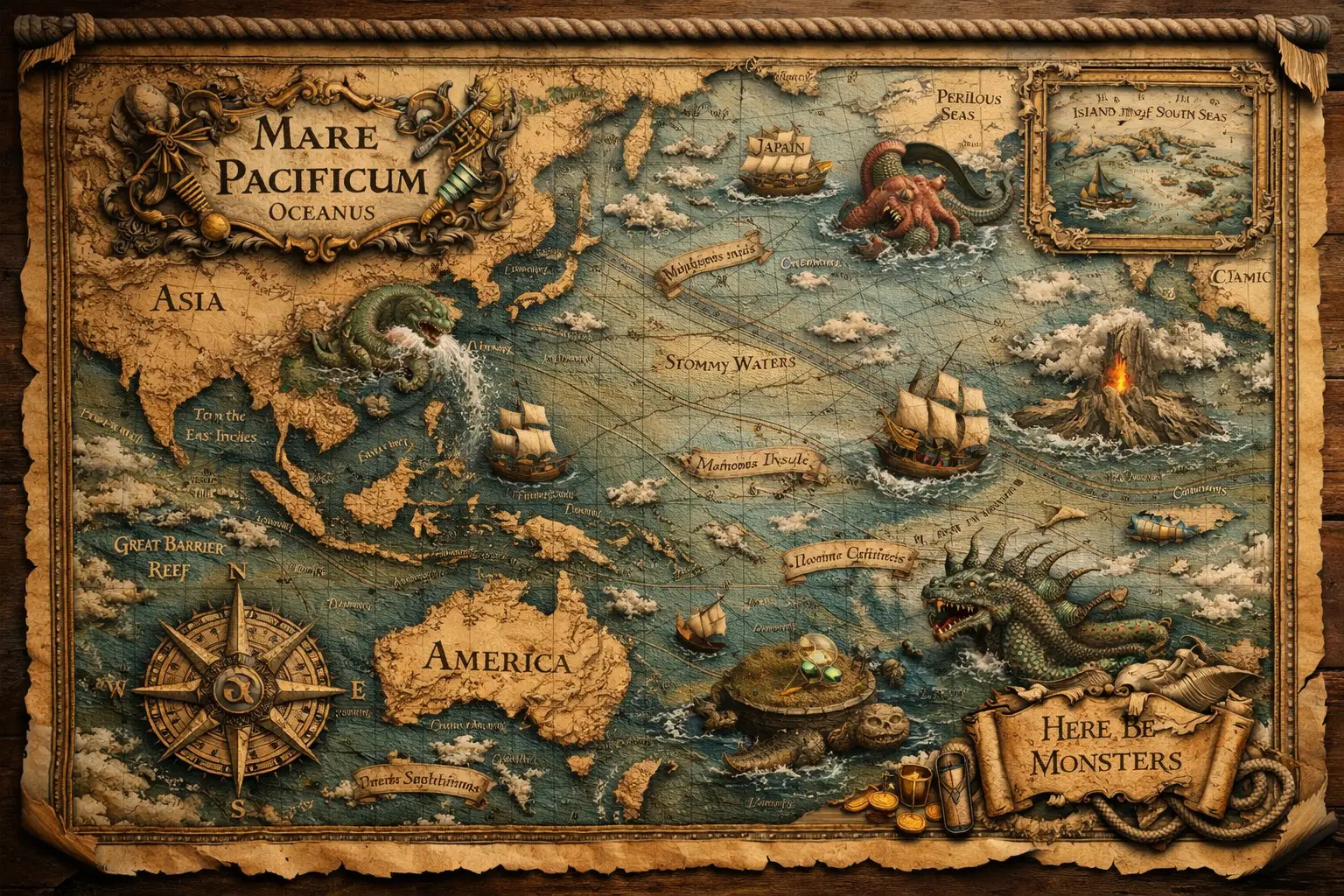 Ancient 3D Nautical Map Of The Pacific Ocean