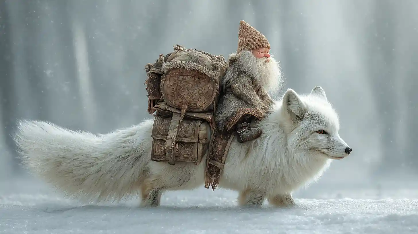 Tiny gnome riding a giant white fox through snowy forest
