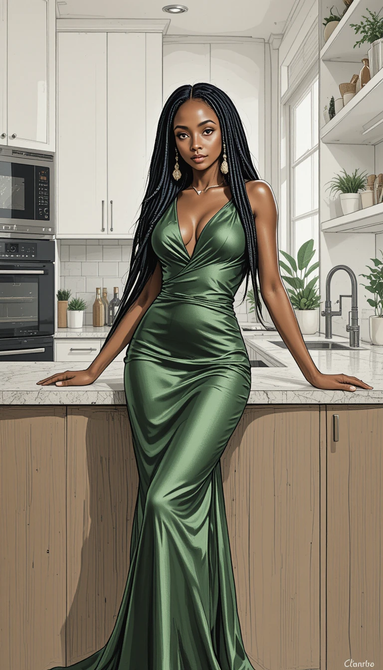 Elegant black woman in green dress in modern kitchen