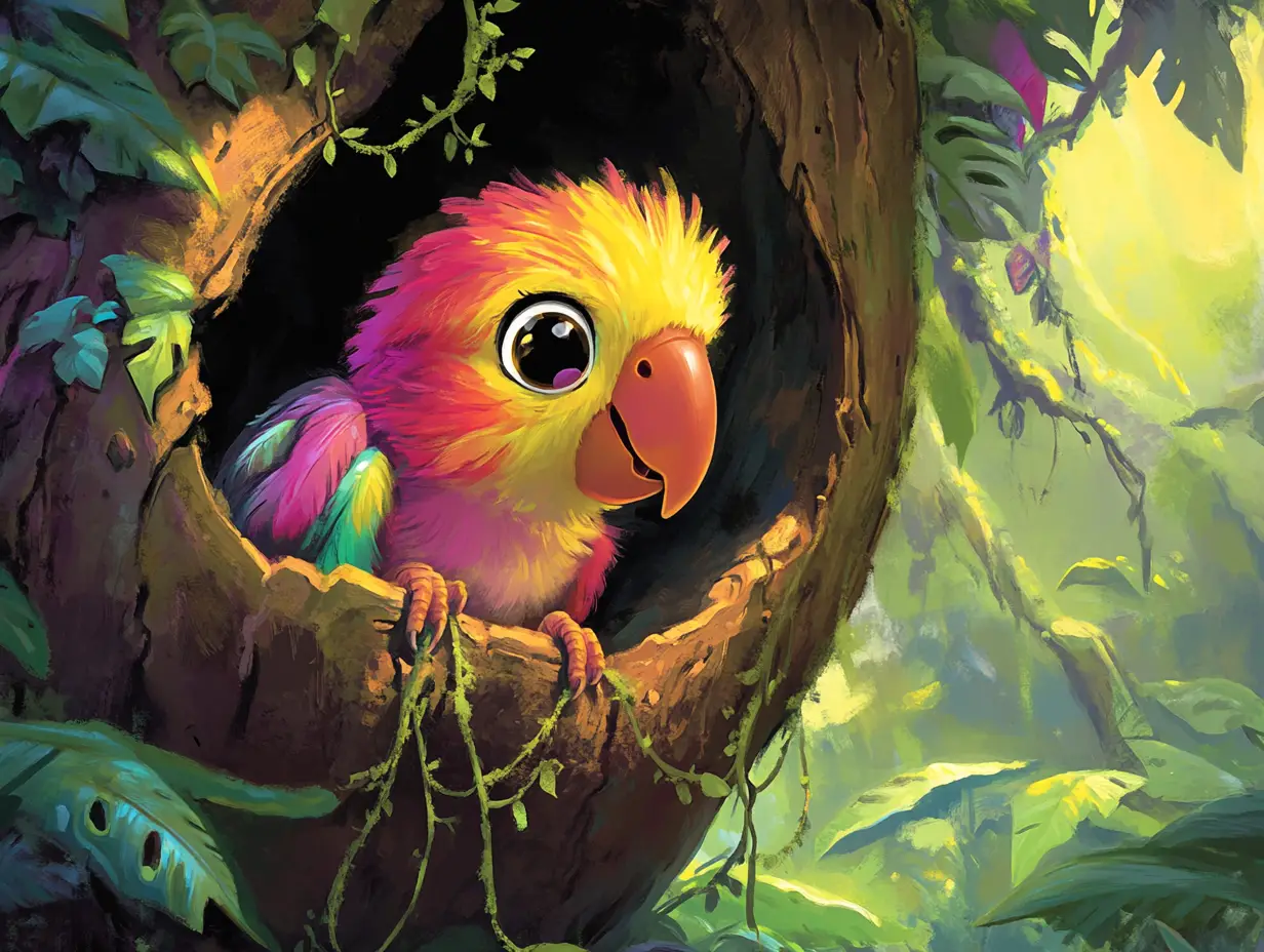 Joyful baby parrot in a hollow tree in rainforest