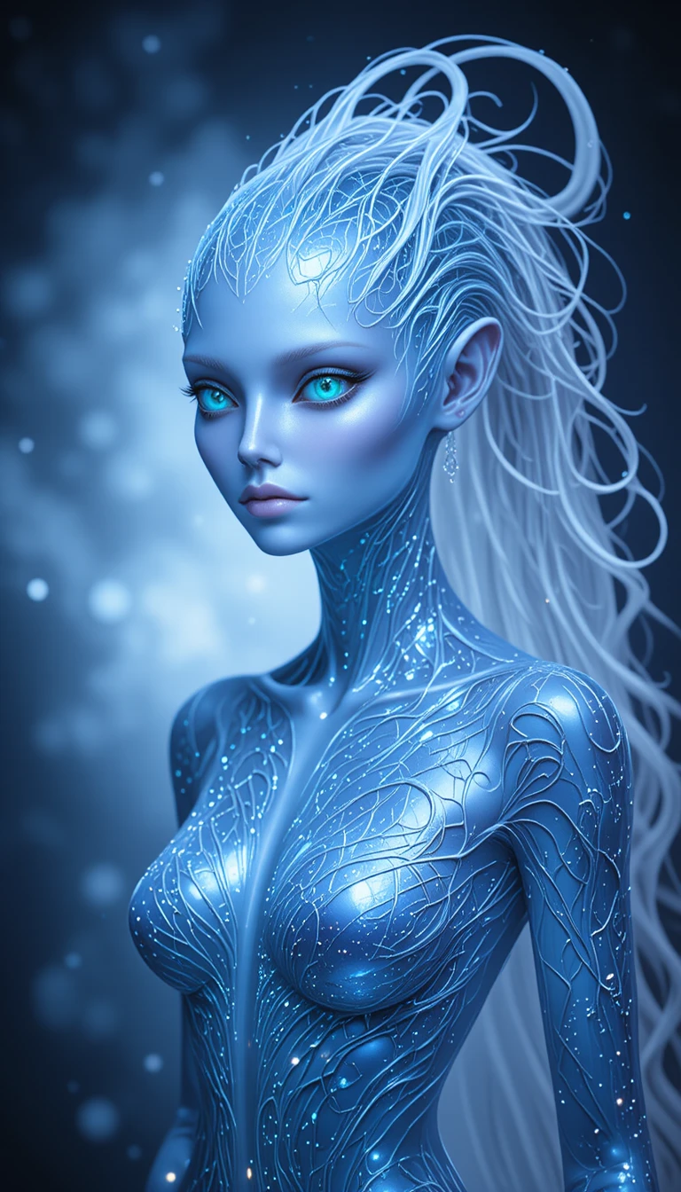 Ethereal blue alien with emerald eyes and silver hair