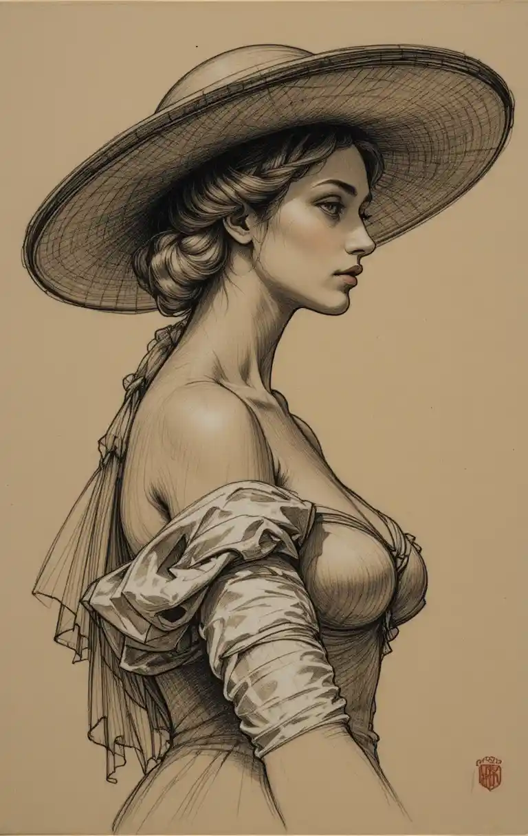 Classical charcoal study of woman with hat and draped arm