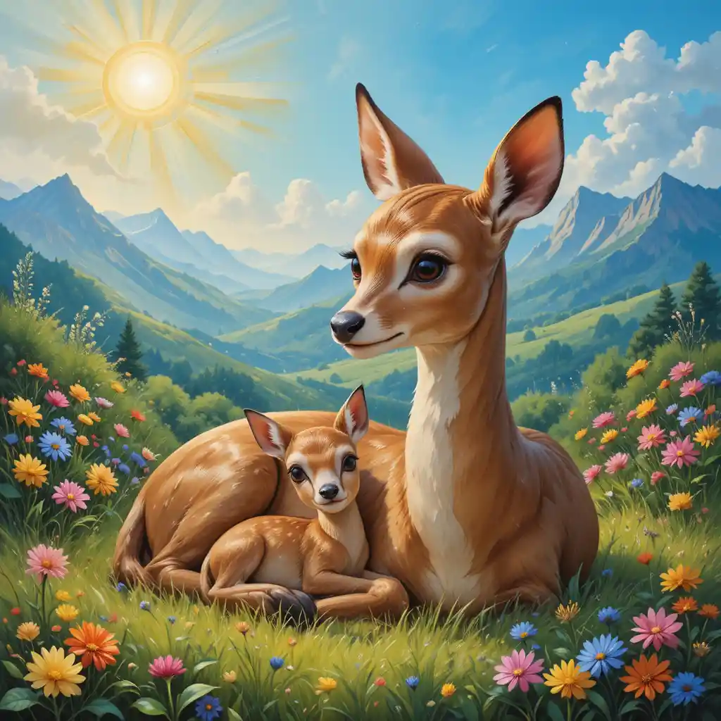 Mother deer resting in sunlit grass with her fawn