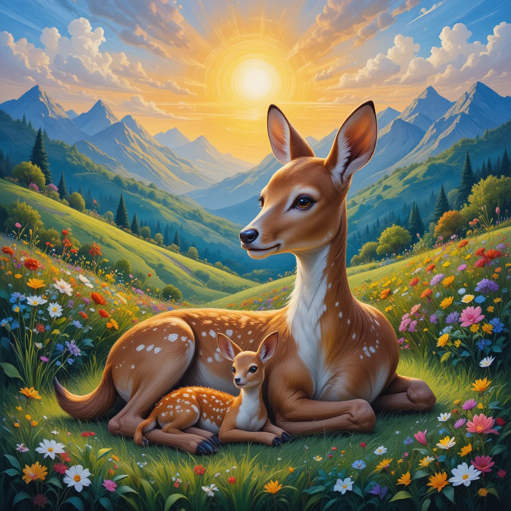 Doe resting in sunlit grass with her baby by mountains