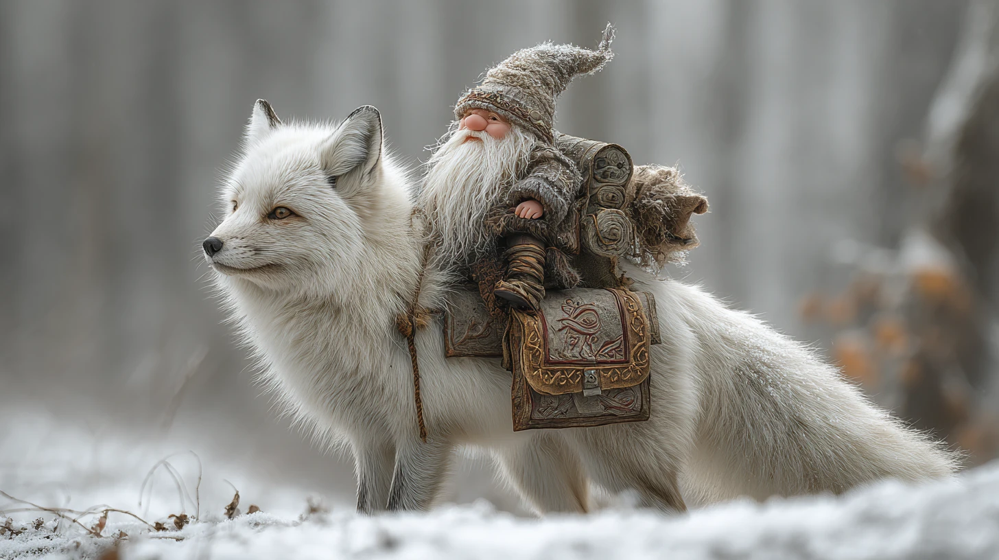 Tiny gnome riding a white fox in a snowy forest